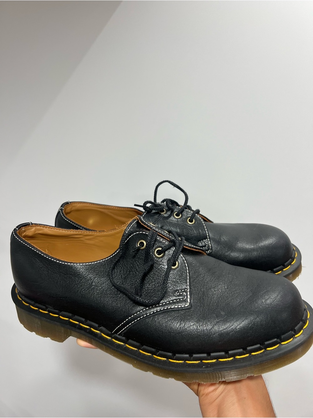 Dr. Martens Black Leather Derby Shoes with Yellow Stitching 1461 Low Size 12